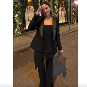 New Zara Wool Blend Tailored Lapel Tuxedo Blazer Jacket Satin Brown Black Size M